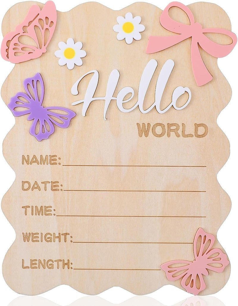 Ajcotahm Hello World Newborn Sign, 5.8 x 7.4 Inch Butterfly Daisy Baby Announcement Sign Wooden Bow Birth Welcome Board for Newborn Boys Girls Photo Props Baby Shower Hospital Nursery - Image 1